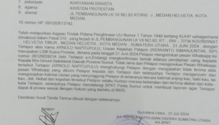LSM PROLETAR resmi melaporkan mafia proyek di biro setda provsu inisial AN ke POLDASU